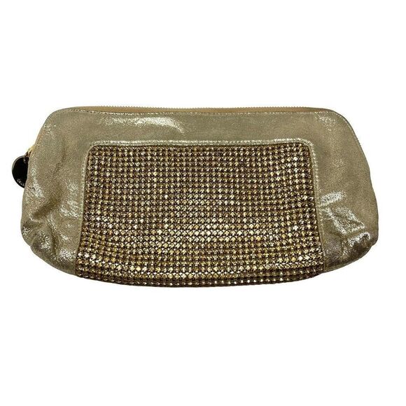 Deux Lux large Clutch metallic gold suede leather with gold diamonds BoxU - Picture 5 of 5